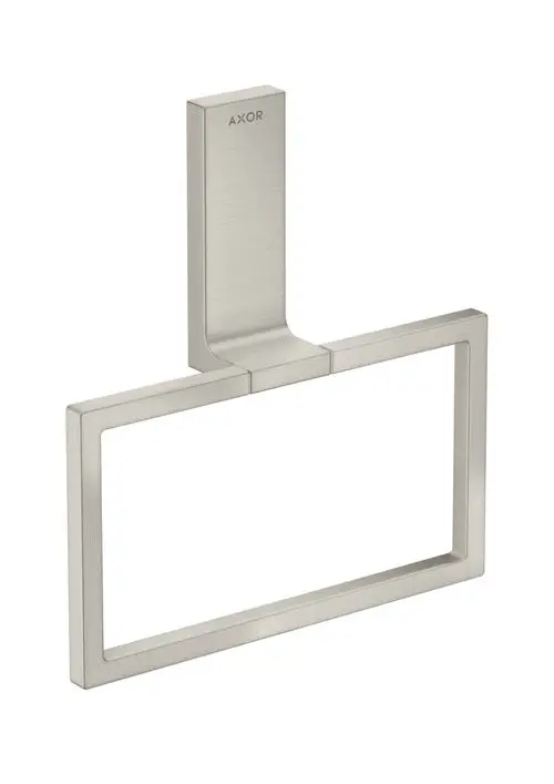 Hohes, rechteckiges Handtuchring aus Edelstahl mit mattem Finish, montiert an der Wand. Produkt von AXOR, schlichtes Design für Badezimmer oder Küchenanwendungen.